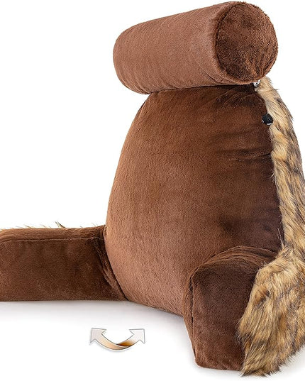 Husband Pillow XXL Limited Baby Brown Bear Fabulous Faux Fur Backrest, Two-Tone Reversible Double Sided Reading & Bed Rest Pillow with Arms & Neck Roll, Adjustable Memory Foam - Extremely Comfy - LeafyLoom