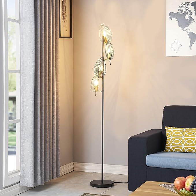 WOXXX Industrial Black Floor Lamp with 4 Brush Gold Finish Leaf Shade, Modern Tree Floor Lamps for Living Room Bedrooms Reading Standing Lamp Living Room Lamps Farmhouse Tall Lamp (4 Bulbs Included) - LeafyLoom