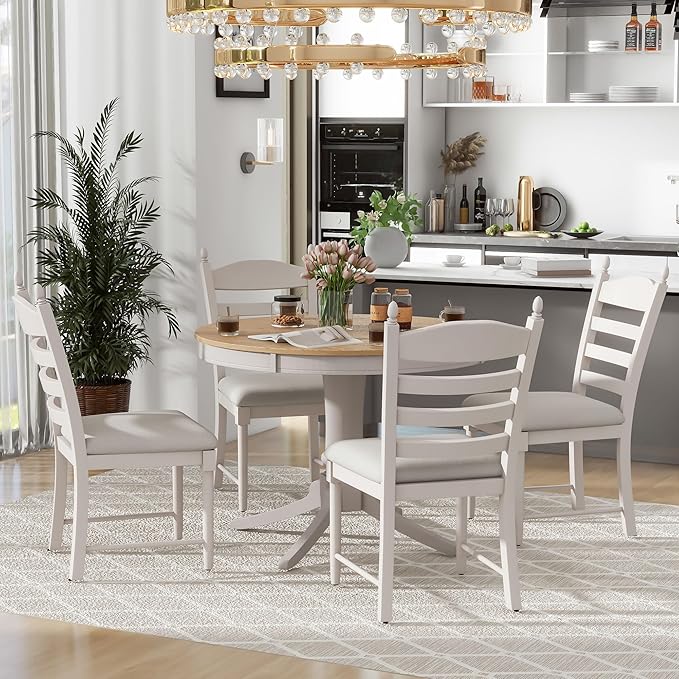 5 Pieces Kitchen & Dining 4 with Round Extendable Table and Four Upholstered Chairs, Retro Rustic Style Home Furniture Tαble Sets Breakfast Corner for Small Spaces, Living Room, White - LeafyLoom