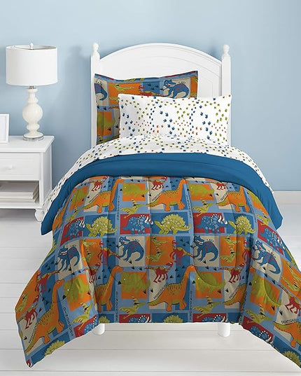 Dream Factory Dinosaur Blocks Ultra Soft Microfiber Boys Comforter Set, Blue, Twin - LeafyLoom