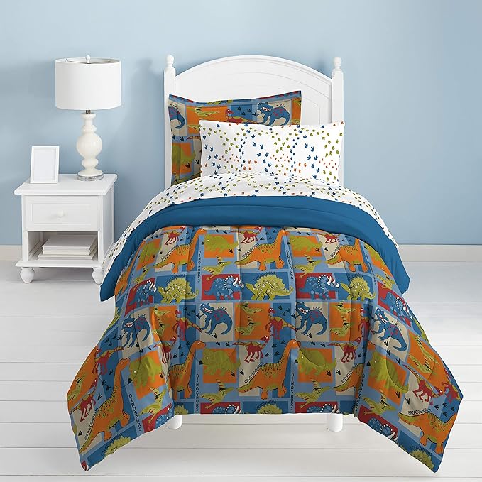 Dream Factory Dinosaur Blocks Ultra Soft Microfiber Boys Comforter Set, Blue, Twin - LeafyLoom