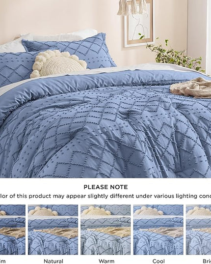 Bedsure Full Size Comforter Set - Mineral Blue Comforter, Boho Tufted Shabby Chic Bedding Comforter Set, 3 Pieces Farmhouse Bed Set for All Seasons, Fluffy Soft Bedding Set with 2 Pillow Shams - LeafyLoom