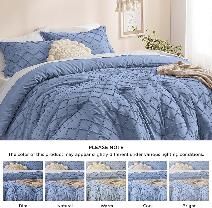 Bedsure Full Size Comforter Set - Mineral Blue Comforter, Boho Tufted Shabby Chic Bedding Comforter Set, 3 Pieces Farmhouse Bed Set for All Seasons, Fluffy Soft Bedding Set with 2 Pillow Shams - LeafyLoom