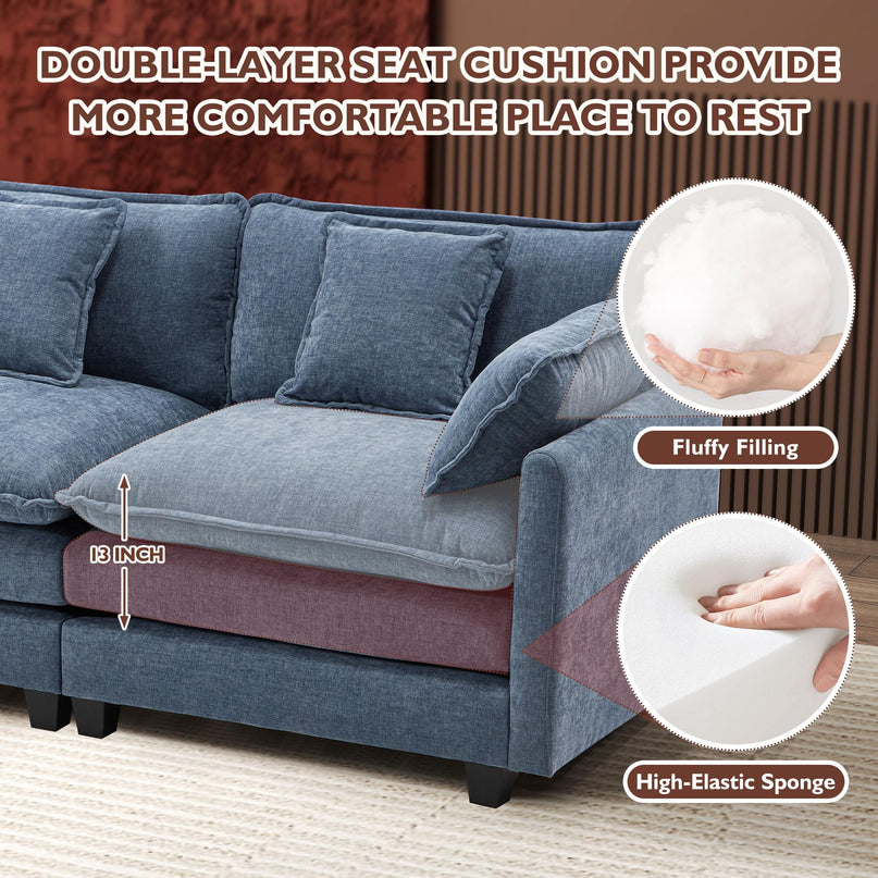 Ihanherry 111.4" L Shaped Modern Sofa Modular Sectional Cloud Couch with Ottoman, 4-Seat Chenille Deep Seat Sofa with Pillow for Living Room, Bedroom and Apartment, Beige LeafyLoom