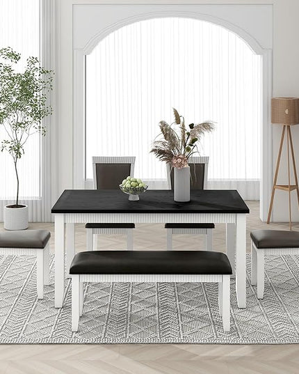 Modern Style 6 Piece Table 4 PU Leather Upholstered Chairs & Bench, Solid Wood Set, Easy Assembly and Clean, for Kitchen, Dining Room, White 32 - LeafyLoom
