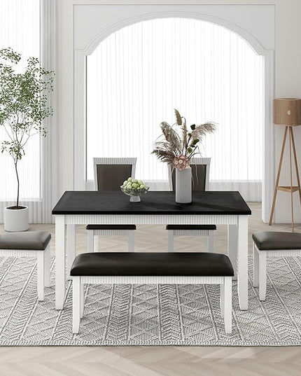 6-Piece Wood Dining Table Set with 4 Upholstered Chairs and Bench, for Kitchen Living Room, Farmhouse Rustic Style, 60" L x 36" W x 30" H, White+Gray(PU Leather) - LeafyLoom