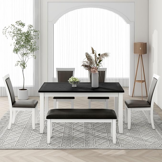 6-Piece Wood Dining Table Set with 4 Upholstered Chairs and Bench, for Kitchen Living Room, Farmhouse Rustic Style, 60" L x 36" W x 30" H, White+Gray(PU Leather) - LeafyLoom