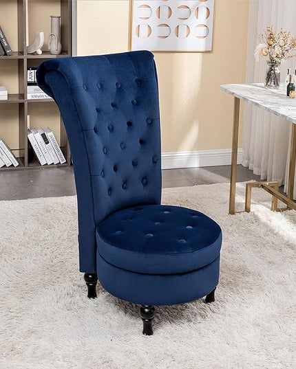 Royal High-Back Velvet Accent Chair for Vanity with Storage and Luxurious Upholstery, Retro Design and Versatile Usage for Living Room, Bedroom, Lounge and Office, Dark Blue - LeafyLoom
