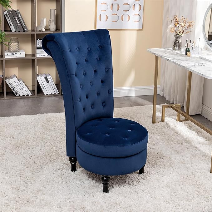 Royal High-Back Velvet Accent Chair for Vanity with Storage and Luxurious Upholstery, Retro Design and Versatile Usage for Living Room, Bedroom, Lounge and Office, Dark Blue - LeafyLoom