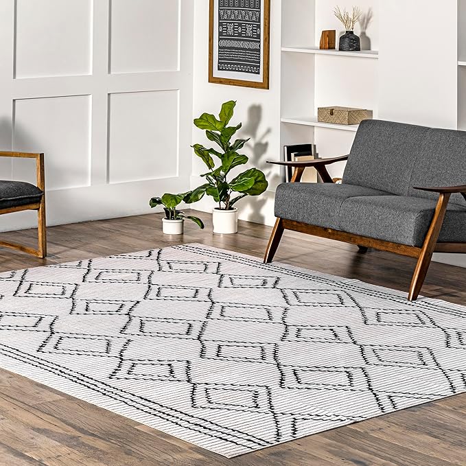 nuLOOM Leo Geometric Striped Machine Washable Ultra Thin Area Rug, 8' x 10', Ivory - LeafyLoom