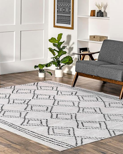 nuLOOM Leo Geometric Striped Machine Washable Ultra Thin Area Rug, 4' x 6', Ivory - LeafyLoom