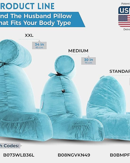 Husband Pillow XXL Carolina Blue Backrest with Arms, Adult Reading Pillow Shredded Memory Foam, Ultra-Comfy Removable Microplush Cover & Detachable Neck Roll, Unmatched Support Bed Rest Sit Up Pillow - LeafyLoom
