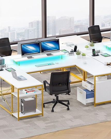 YITAHOME U Shaped Desk with Power Outlets & LED Lights, 79" Reversible L Shaped Desk with Drawers, Corner Computer Desk Office Desk with Monitor Stand & Storage Shelves, White & Gold - LeafyLoom