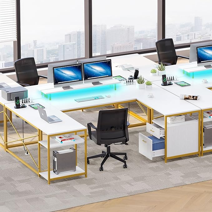YITAHOME U Shaped Desk with Power Outlets & LED Lights, 79" Reversible L Shaped Desk with Drawers, Corner Computer Desk Office Desk with Monitor Stand & Storage Shelves, White & Gold - LeafyLoom