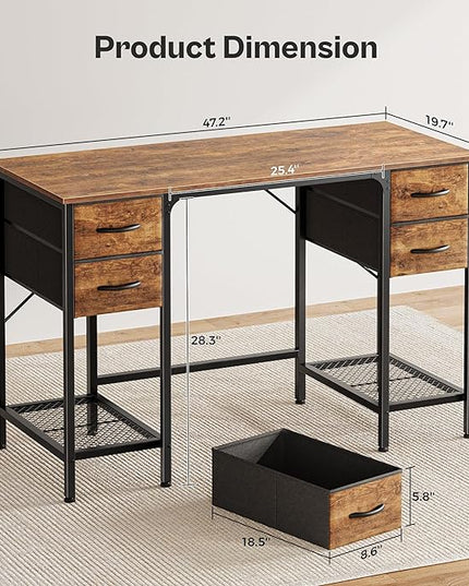 47 Inch Computer Desk with 4 Drawers, Office Desk with Mesh Shelf, Gaming Desk, Large Storage, Writing Desk Work Desk for Home Office, Study, Bedroom, Work from Home, Rustic Brown - LeafyLoom