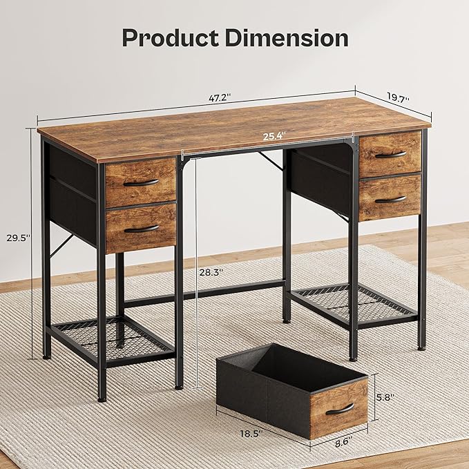 47 Inch Computer Desk with 4 Drawers, Office Desk with Mesh Shelf, Gaming Desk, Large Storage, Writing Desk Work Desk for Home Office, Study, Bedroom, Work from Home, Rustic Brown - LeafyLoom