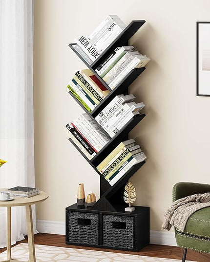 Vagusicc 6 Tier Tree Bookshelf - Modern Shelf Floor Standing Bookcase with Baskets, Tall Wood Book Storage Rack for Books/CDs, Tree Utility Book Organizer Shelves for Living Room, Home Office, Bedroom - LeafyLoom