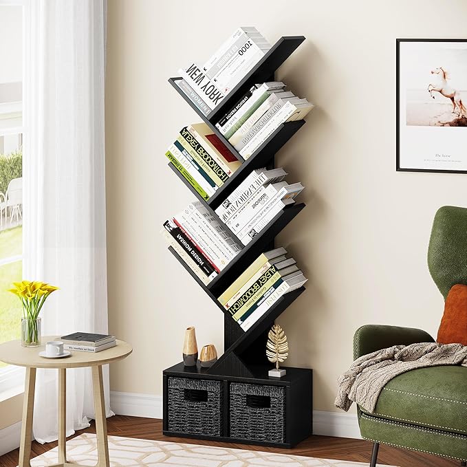 Vagusicc 6 Tier Tree Bookshelf - Modern Shelf Floor Standing Bookcase with Baskets, Tall Wood Book Storage Rack for Books/CDs, Tree Utility Book Organizer Shelves for Living Room, Home Office, Bedroom - LeafyLoom