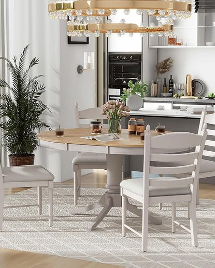 5 Table, Vintage-Inspired Piece Round Wood Extendable Dining Set-includes 4 Cushioned Chairs for Kitchen Living Room, Off White - LeafyLoom