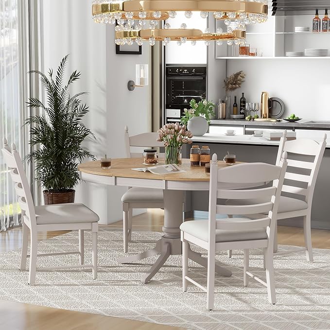 Dining Table Set for 4 Person, 5 Pieces Kitchen Table&Chairs Including Round Extendable Diningtable and Four Upholstered Chairs, Wood Grain Tabletop, Ladder Backrest, Solid Wood Rubber Legs - LeafyLoom