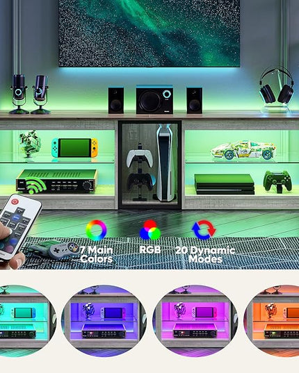 Bestier TV Stand for 70 inch TV, Gaming Entertainment Center for PS5, LED TV Cabinet with Glass Shelves for Living Room, 63'' Inch, White Wash - LeafyLoom