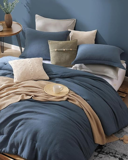 Grey Blue King Size Comforter Set, Modern Comforter for Crinkle Design King Bed Set, King Bedding Set 3 Piece with Minimalist Comforter & Shams (King, 102"x90",Blue) - LeafyLoom