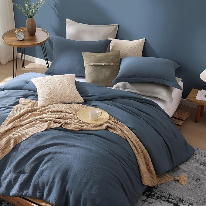 Grey Blue King Size Comforter Set, Modern Comforter for Crinkle Design King Bed Set, King Bedding Set 3 Piece with Minimalist Comforter & Shams (King, 102"x90",Blue) - LeafyLoom