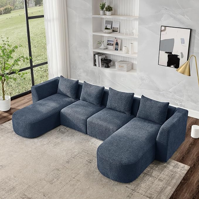 117" U-Shape Sectional Single Seats and Two Chaises, Modular Sofa, DIY Combination, Loop Yarn Fabric for Living Room, Apartment, 117inch, Blue - LeafyLoom