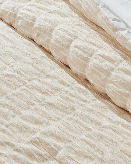 Full/Queen 100% Cotton Comforter Set | Taupe Puckered Striped Down Alternative Comforter | All Season, Linen-Like, Textured 3 Piece Bedding Comforter Set (Full/Queen, Taupe) - LeafyLoom