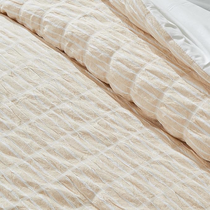 Full/Queen 100% Cotton Comforter Set | Taupe Puckered Striped Down Alternative Comforter | All Season, Linen-Like, Textured 3 Piece Bedding Comforter Set (Full/Queen, Taupe) - LeafyLoom