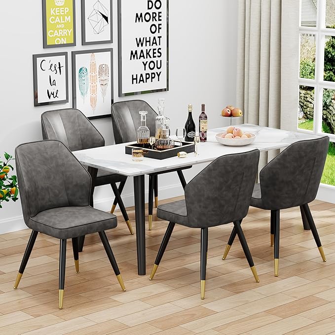 Faux Leather Dining Chairs Set of 2, Grey Mid Century Modern Kitchen Dining Room Chairs Upholstered Armless Accent Side Chairs with Metal Legs - LeafyLoom