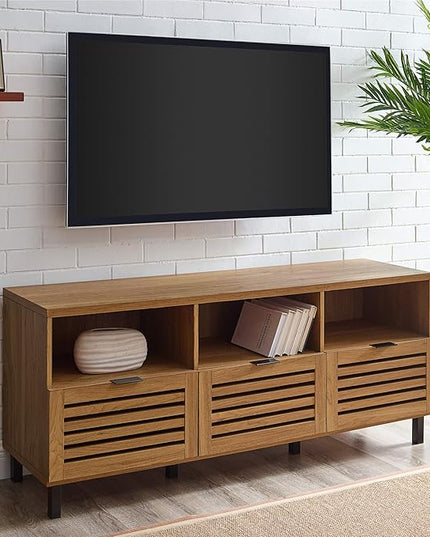 Walker Edison Modern Wood TV Stand with Slat Doors for TV's up to 65" Flat Screen Living Room Storage Cabinet Doors and Shelves Entertainment Center, 58 Inch, English Oak - LeafyLoom