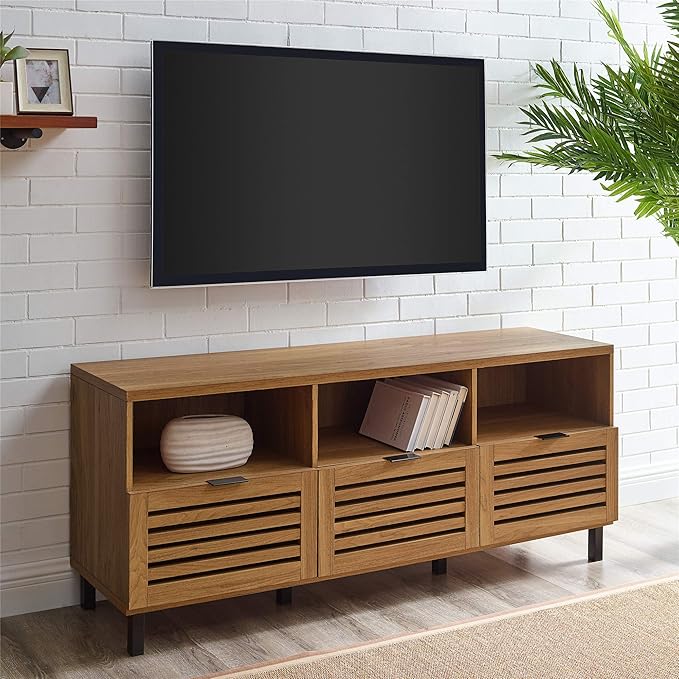 Walker Edison Modern Wood TV Stand with Slat Doors for TV's up to 65" Flat Screen Living Room Storage Cabinet Doors and Shelves Entertainment Center, 58 Inch, English Oak - LeafyLoom
