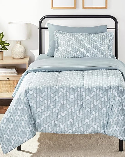 Amazon Basics Lightweight Microfiber Bed-in-a-Bag Comforter 5-Piece Bedding Set, Twin/Twin XL, Gray Leaf, Printed - LeafyLoom