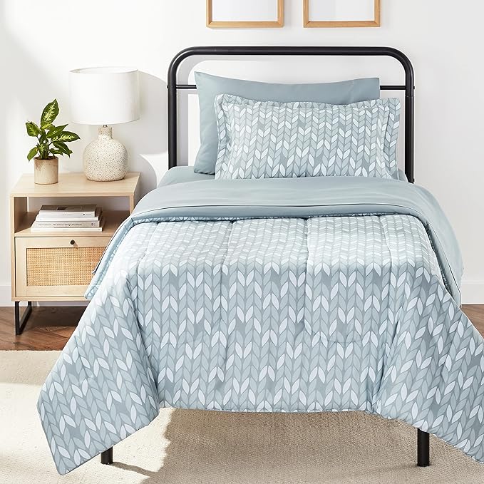 Amazon Basics Lightweight Microfiber Bed-in-a-Bag Comforter 5-Piece Bedding Set, Twin/Twin XL, Gray Leaf, Printed - LeafyLoom