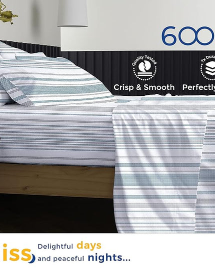 THREAD SPREAD 100% Egyptian Cotton Printed Bed Sheets - 600 Thread Count 3 PC Twin Sheet Set, Hotel Luxury Sateen Bedsheets, 16" Deep Pocket Soft Cooling Sheets for Twin Size Bed - Dotted Stripe - LeafyLoom