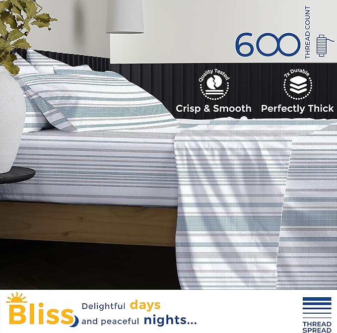 THREAD SPREAD 100% Egyptian Cotton Printed Bed Sheets - 600 Thread Count 3 PC Twin Sheet Set, Hotel Luxury Sateen Bedsheets, 16" Deep Pocket Soft Cooling Sheets for Twin Size Bed - Dotted Stripe - LeafyLoom