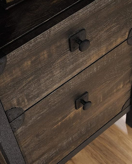 Sauder Steel River L-Shaped Desk, L: 59.84" x W: 57.32" x H: 29.53", Carbon Oak Finish - LeafyLoom