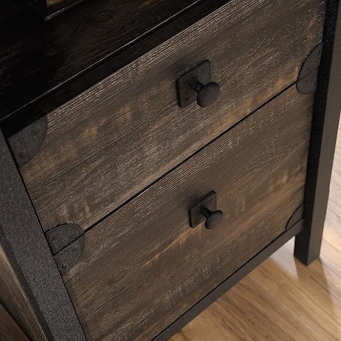 Sauder Steel River L-Shaped Desk, L: 59.84" x W: 57.32" x H: 29.53", Carbon Oak Finish - LeafyLoom