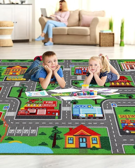 Kids Carpet Playmat Rug 118"x78.7", Car Rug for Kids Cars, Non-Slip Town City Road Map Kids Rug for Playroom Bedroom Boys, Kids Car Mat Road Rug, Track Rug Car Play Rug for Kids (118X78.7 INCH) - LeafyLoom