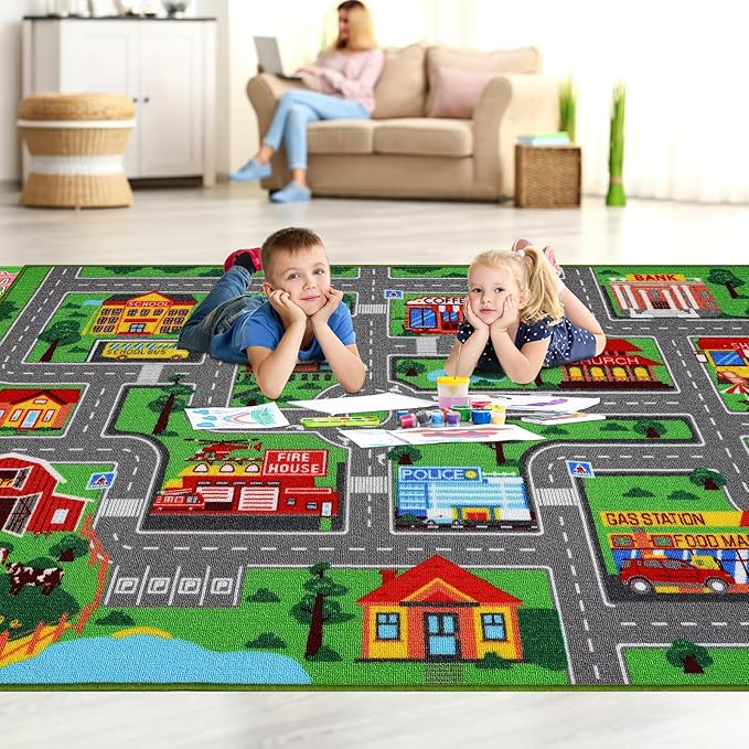 Kids Carpet Playmat Rug 118"x78.7", Car Rug for Kids Cars, Non-Slip Town City Road Map Kids Rug for Playroom Bedroom Boys, Kids Car Mat Road Rug, Track Rug Car Play Rug for Kids (118X78.7 INCH) - LeafyLoom