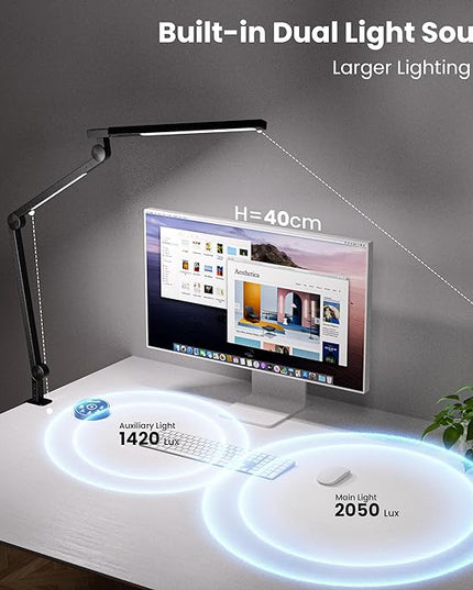 Desk Lamp, Desk Light with Clamp, Stepless Dimming & Adjustable Color Temperature Modern Eye-Caring Architect Lamp with Memory & Timing Function for Study, Work, Home, Office, 15W - LeafyLoom