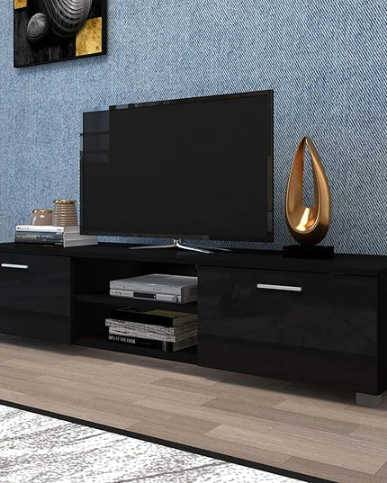 63" TV Stand with Open Shelves, Television Stands for TVs Up to 70", Media Console Entertainment Center Television Table with 2 Storage Cabinet for Living Room, Bedroom, Black - LeafyLoom