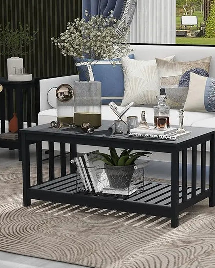 TaoHFE Black Coffee Tables for Living Room Modern Coffee Table Set 40 Inch 2-Tier Wooden Living Room Table Rectangular Center Table with Storage Shelf Furniture for Living Room, Meeting Room, Office - LeafyLoom