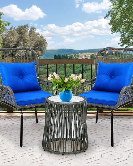 YITAHOME 3-Piece Outdoor Patio Furniture Wicker Bistro Set, All-Weather Rattan Conversation Chairs for Backyard, Balcony and Deck with Soft Cushions, Glass Side Table (Gray+Navy Blue) - LeafyLoom