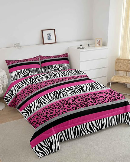 Zebra Stripes Comforter Leopard Print Comforter Set For Kids Boys Girls Pink Black White Zebra Leopard Fur Bedding Set Ultra Soft Decor Wild Animal Skin Texture Pattern Duvet Set Twin Size Quilt Set - LeafyLoom