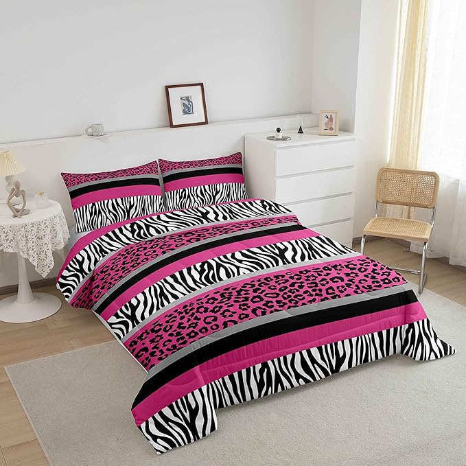 Zebra Stripes Comforter Leopard Print Comforter Set For Kids Boys Girls Pink Black White Zebra Leopard Fur Bedding Set Ultra Soft Decor Wild Animal Skin Texture Pattern Duvet Set Twin Size Quilt Set - LeafyLoom