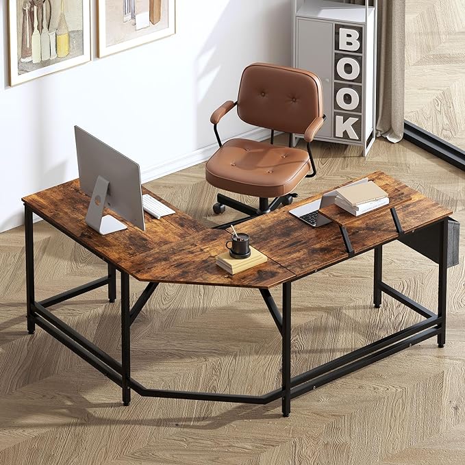 Need L Shaped Computer Desk 59 Inch Gaming Desk with Large Monitor Stand L Desk Corner Desk with Storage Bag for Home Office Writing Rustic Brown - LeafyLoom