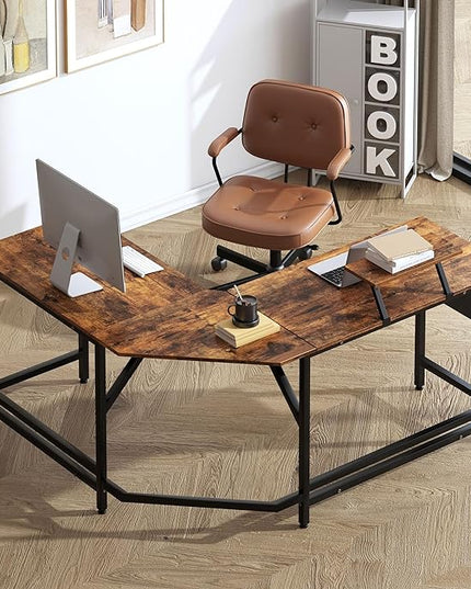 DlandHome Reversible L-Shaped Desk Large Corner Desk Folding Table Computer Desk Home Office Table Computer Workstation, Retro - LeafyLoom