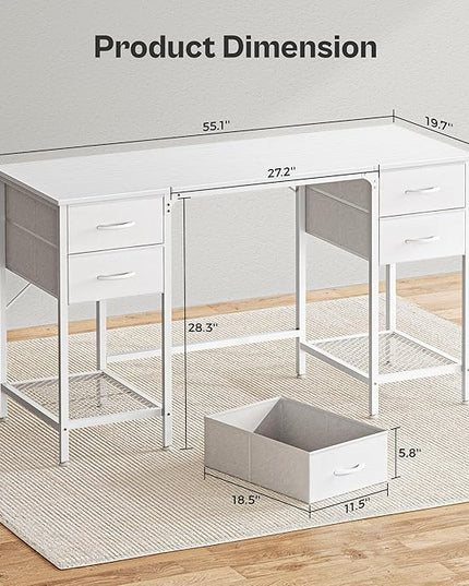 55 Inch Computer Desk with 4 Drawers, Office Desk with Mesh Shelf, Gaming Desk, Large Storage, Writing Desk Work Desk for Home Office, Study, Bedroom, Work from Home, White - LeafyLoom